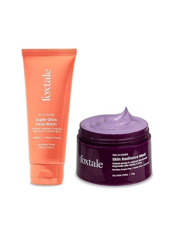 Foxtale Detan and Glow Duo – Face Wash100ml + Skin Radiance Mask 75g | Removes Tan, Brightens, Unclogs Pores | With Vitamin C, Papaya Enzyme, Lactic Acid & Clay | For Radiant, Even-Toned Skin - Image 1